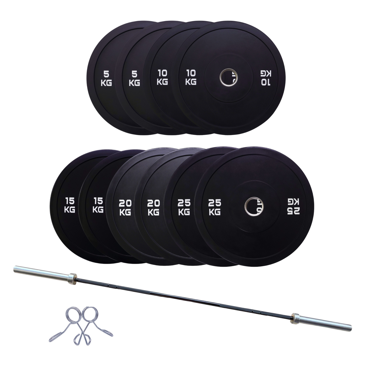 150kg Black Bumper Plates V2 and 2.2m Olympic Barbell Package