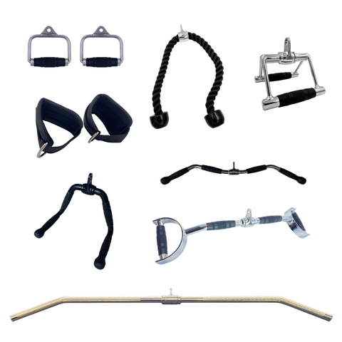 Cable Attachment Pack F - Stirrup x2, 90cm Rope, Straps, Ez,  Multi, D Handle Row, Lat Bar