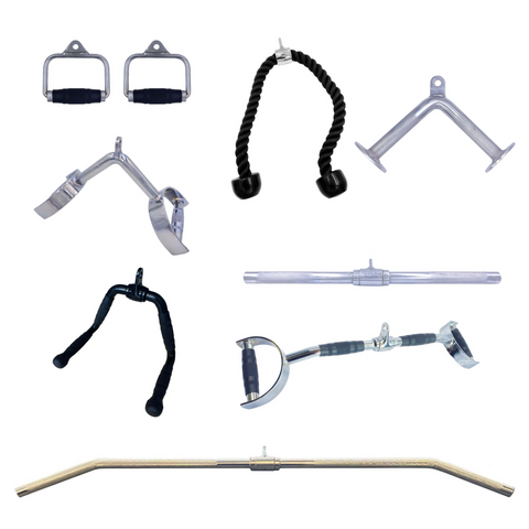 Cable Attachment Pack F - Stirrup x2, 90cm Rope, Row Bar, Straight,  Multi, D Handle Row, Lat Bar, Tricep pushdown